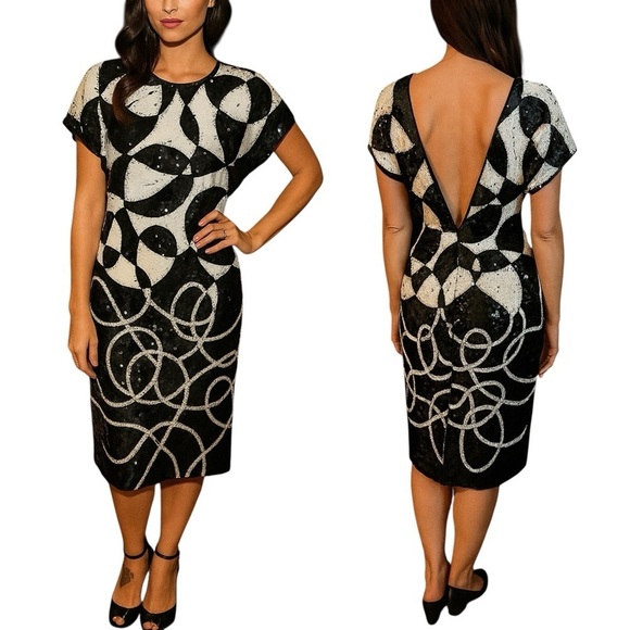 VINTAGE 80s TADASHI Sequin Mod Midi Dress - Picture 2 of 12